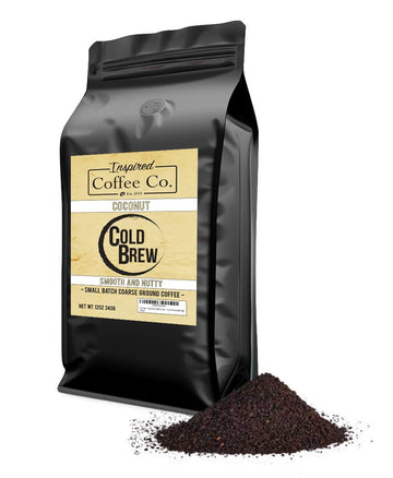 Coconut - Flavored Cold Brew Coffee Grounds - Inspired Coffee Co. Local Coarse Ground Coffee For Cold Brew - Resealable Bag 12 Oz