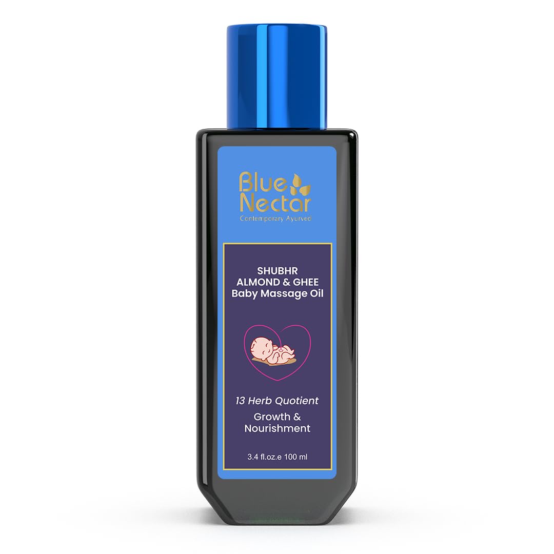 Blue Nectar Ayurveda Gentle Baby Oil for Newborn Skin Care - Moisturizing Baby Massage Oil for Dry Skin & Scalp | With Lavender and Coconut Oil (13 Herbs, 3.34 Fl Oz)