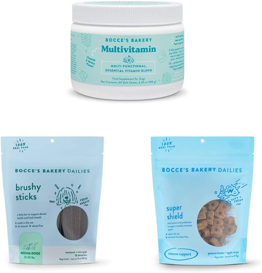Bocce's Bakery Strong & Steady Bundle for Dogs, Wheat-Free Dog Treats, Made with Real Ingredients, Baked in The USA, All-Natural Soft & Chewy, Brushy Sticks & Supplement Assortment (Medium) : Pet Supplies