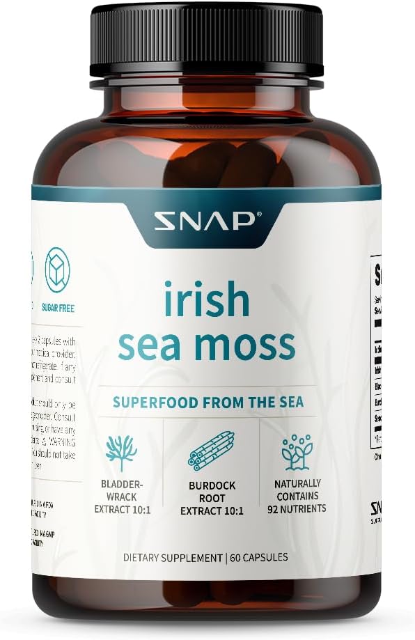 Irish Sea Moss Capsules W/Bladderwrack, Burdock Root & Iodine Energy Support - Seamoss Supplement To Elevate Mood, Strengthen Immunity & Digestion, Renew Skin Tone - Seamoss Pills (60 Capsules)