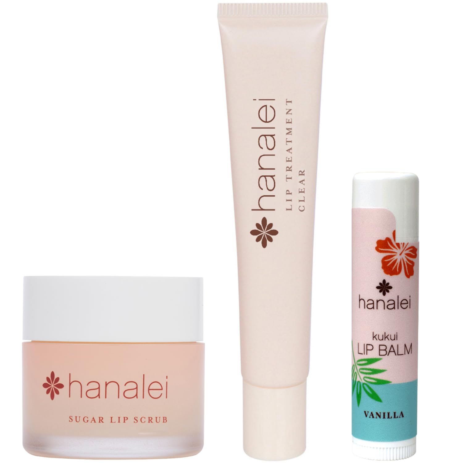 Hanalei Lip Care Bundle - Sugar Lip Scrub, Kukui Oil Lip Treatment In Clear, And Kukui Lip Balm In Vanilla