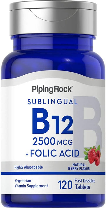 Piping Rock Vitamin B12 Sublingual 2500 mcg | 120 Tablets | Berry Flavor | with Folic Acid | Vegetarian, Non-GMO, Gluten Free Supplement