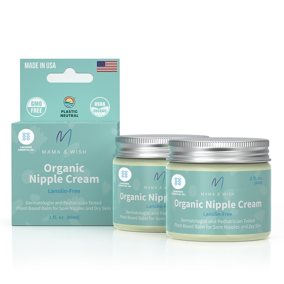 Mama & Wish Organic Nipple Cream - Breastfeeding Balm | Lanolin-free, Postpartum Essentials Safe for Nursing, Non-GMO 2 Oz (2 Pack)