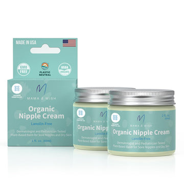 Mama & Wish Organic Nipple Cream - Breastfeeding Balm | Lanolin-free, Postpartum Essentials Safe for Nursing, Non-GMO 2 Oz (2 Pack)