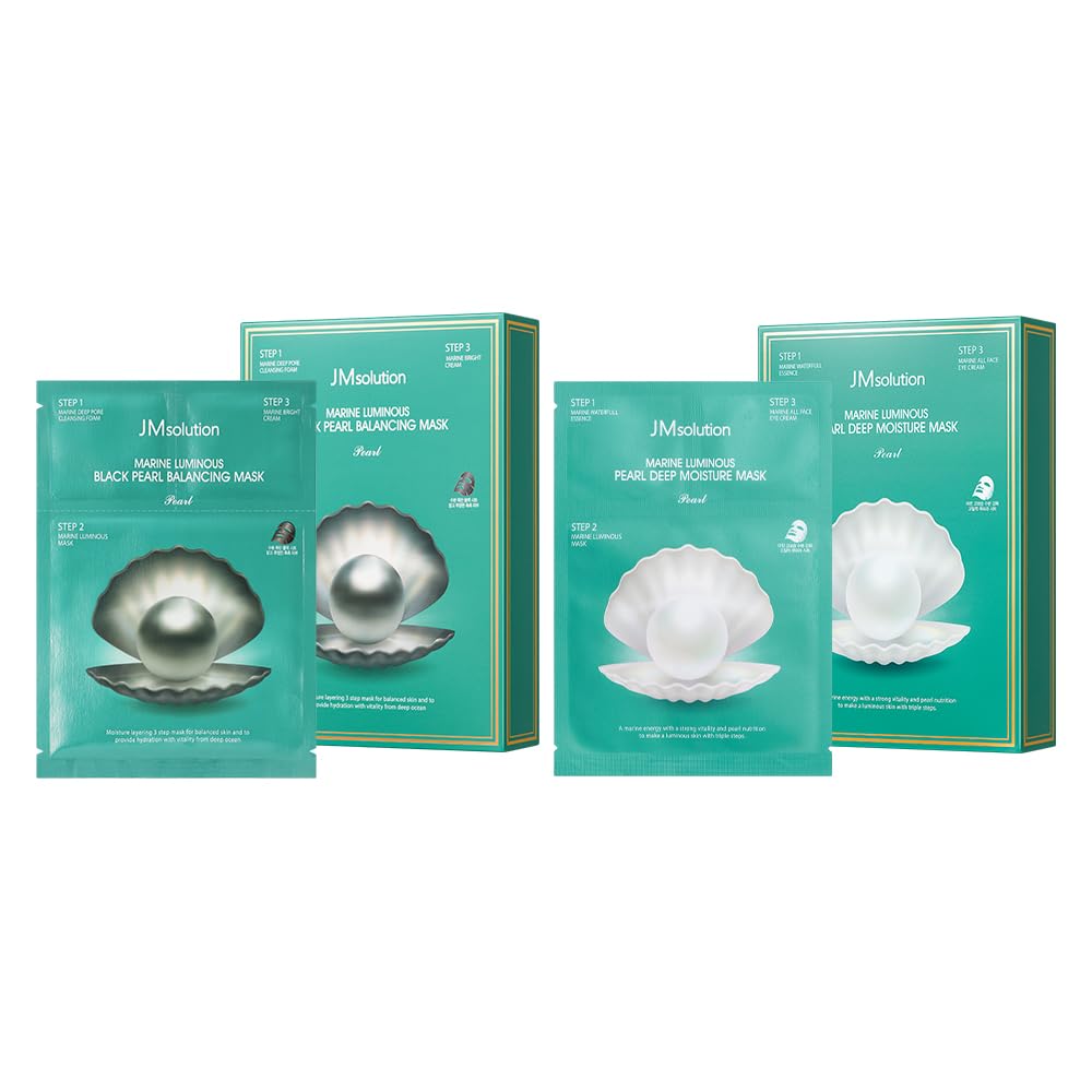 Jmsolution Marine Luminous 3 Step Mask 2 Pack(20Ea)-White Pearl Deep Moisutre + Black Pearl Balancing