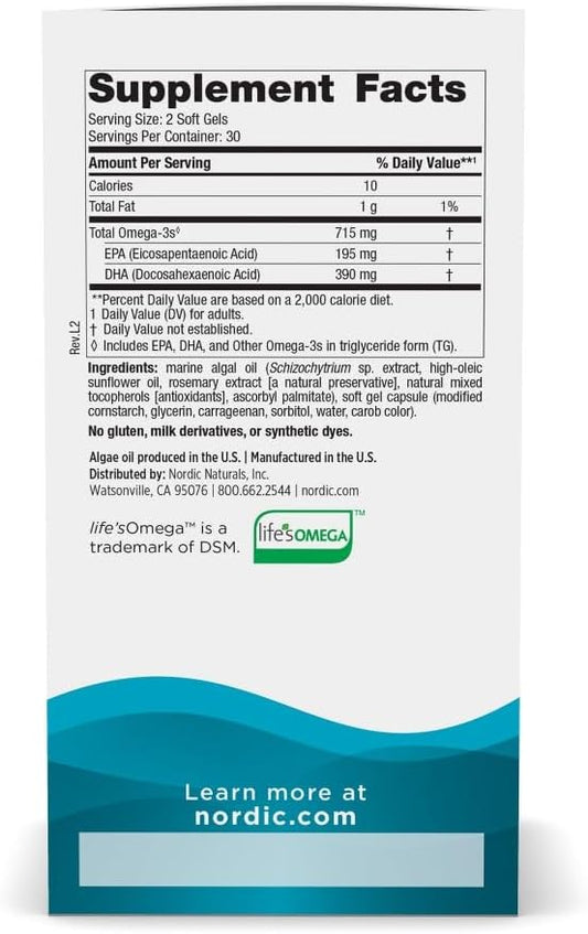 Nordic Naturals Algae Omega - 60 Soft Gels - 715 Mg Omega-3 - Certified Vegan Algae Oil - Plant-Based Epa & Dha - Heart, Eye, Immune & Brain Health - Non-Gmo - 30 Servings