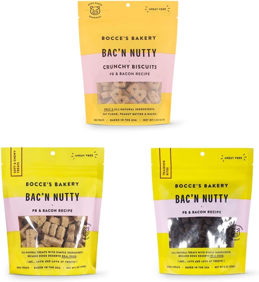 Bocce's Bakery Bac'N Nutty Assorted Treat Bundle for Dogs, Wheat-Free Everyday Dog Treats, Made with Real Ingredients, Baked in The USA, All-Natural Soft & Chewy Cookies, Biscuits & Training Treats : Pet Supplies