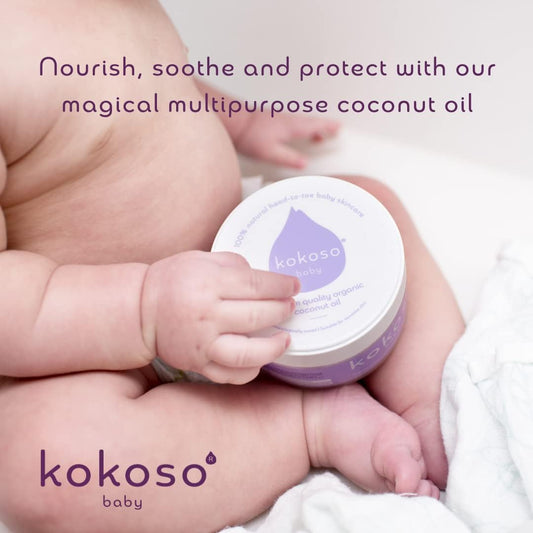 Kokoso Baby - Organic Coconut Oil - 100% Natural Baby Oil - For Dry, Sensitive Skin & Eczema Prone Skin - Ultra Lightweight & Non Greasy - Suitable From Newborn Upwards - 70G