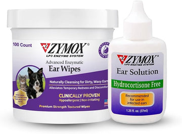 Zymox Enzymatic Ear Wipes And Ear Solution W/No Hydrocortisone For Dogs And Cats - Product Bundle - For Dirty, Waxy, Smelly Ears And To Soothe Ear Infections