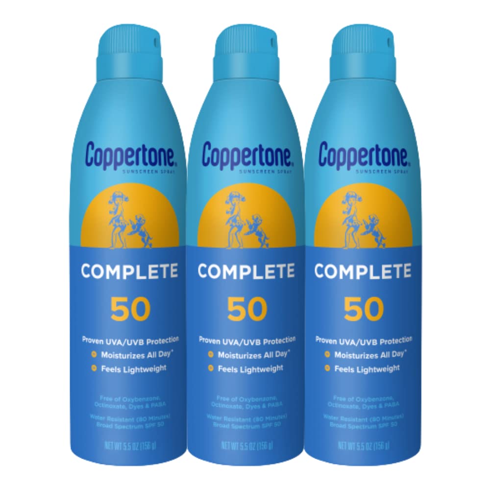 Coppertone Complete Spf 50 Sunscreen Spray, Lightweight, Moisturizing Sunscreen Pack, Water Resistant Spray Sunscreen Spf 50, 5.5 Oz Spray, Pack Of 3