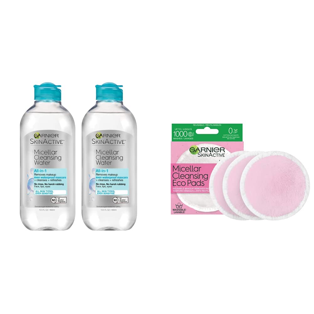 Garnier Skinactive Micellar Cleansing Water All-In-1 Cleanser & Waterproof Makeup Remover, 13.5 Floz, 2 Pack + Ecopads (Packaging May Vary)