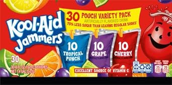 Kool-Aid Jammers Tropical Punch (Grape & Cherry Artificially Flavored Kids Soft Drink Variety Pack, 30 Ct Box, 6 Fl Oz Pouches)