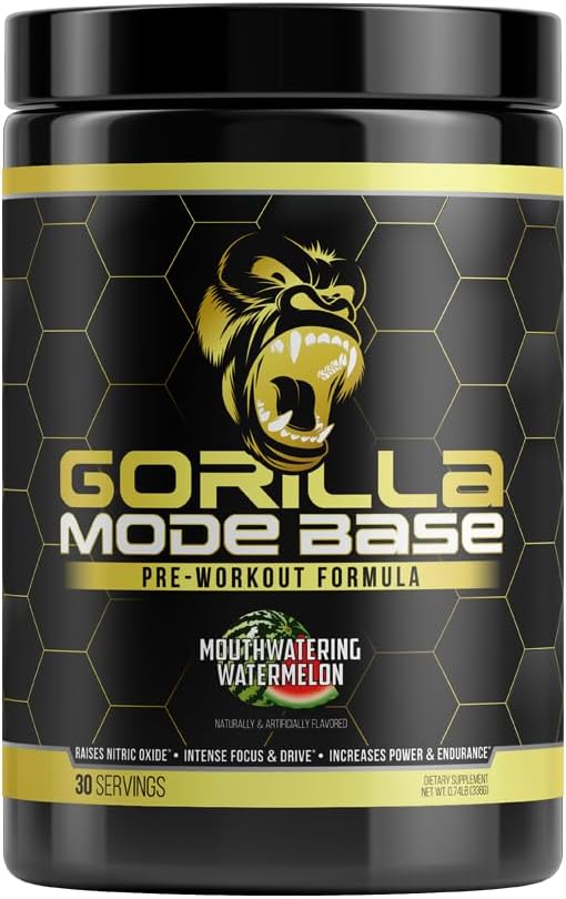 Gorilla Mode Base Pre Workout - Raises Nitric Oxide ú Intense Focus & Drive ú Endurance ú Power - L-Citrulline, L-Tyrosine, Betaine, Alpha-GPC, Caffeine, Huperzine A - 360 Grams (Watermelon)