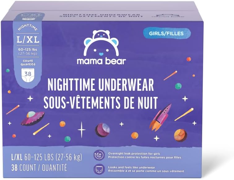 Amazon Brand - Mama Bear Girl'S Nighttime Underwear For Bedwetting, Overnight Protection, Hypoallergenic, Size L/Xl (60-125 Lbs), 38 Count, White