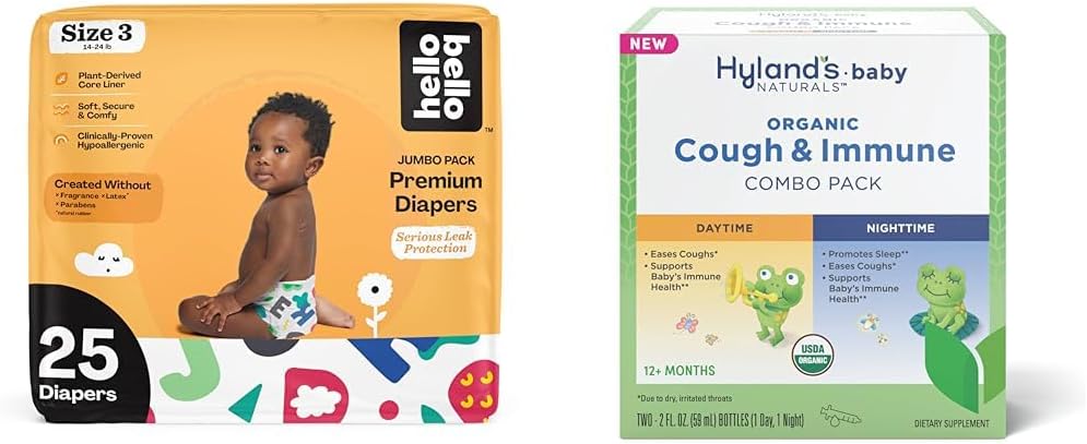 Hello Bello Premium Baby Diapers Size 3, 25 Count of Disposable Comfort Fit Diapers - Design: Alphabet Soup + Hyland's Baby - Organic Cough & Immune Day & Night Combo Pack (4 fl oz) : Baby