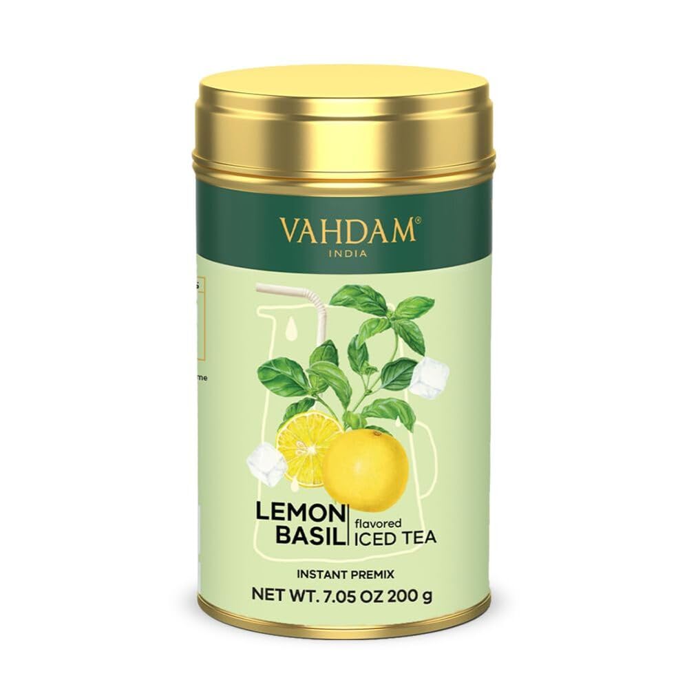 Lemon Basil Iced Tea Instant Premix (7Oz) 80 Servings | Lightly Sweetened Iced Tea | Zesty Lemon & Fresh Basil | Best For Mocktails & Cocktails | Packed In Tin Caddy | Vahdam
