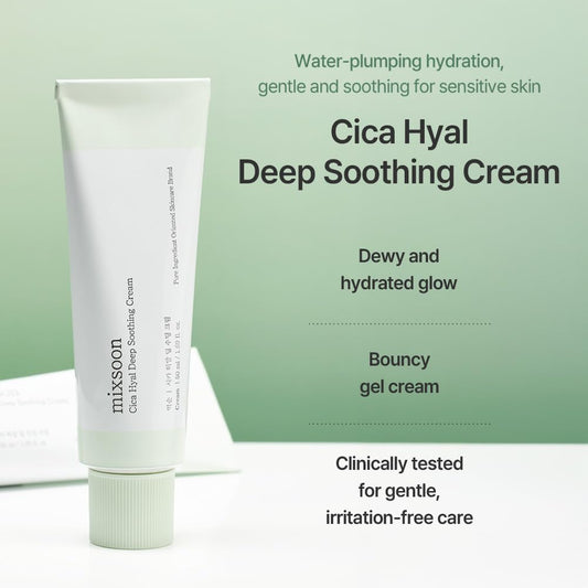 Mixsoon Cica Hyal Deep Soothing Cream, 1.69 Fl. Oz / 50Ml Lightweight Moisturizer Gel Cream For Sensitive Skin With Centella Asiatica Hyaluronic Acid Ceramide & Panthenol Korea Glass Skin Care