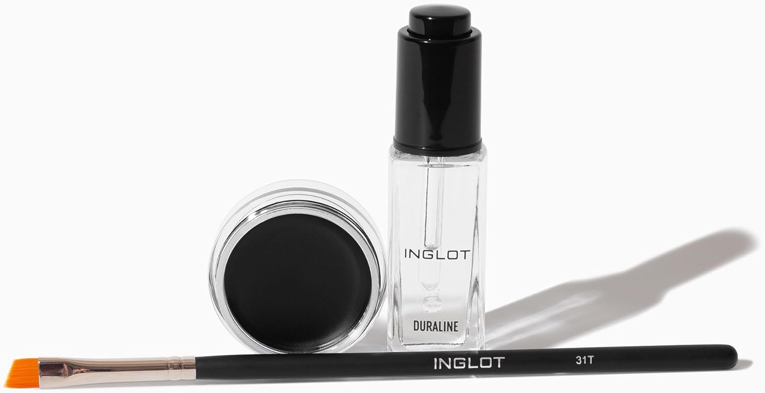 Inglot Eye Essentials Set | Duraline + Amc Eyeliner Gel 77 + Makeup Brush 31T | Black Eyeliner | Prolong Makeup Durability | Transparent | Waterproof |
