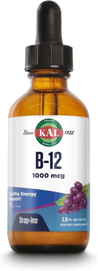 KAL B12 1000 mcg DropIns, High Absorption Liquid B12 Vitamin, Healthy Energy Supplements for Metabolism, Heart Health, Nerve, Red Blood Cell Support, Natural Grape Flavor B12 Drops, 196 Servings, 2oz : Health & Household