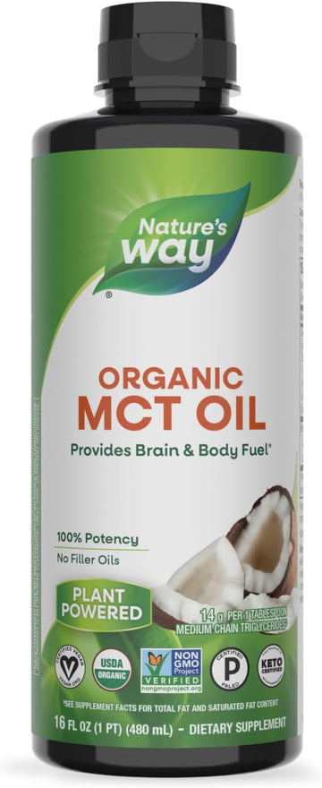 Nature'S Way Organic Mct Oil, 16 Fl Oz, Brain And Body Fuel From Coconuts*, C8 Caprylic Acid And C10 Capric Acid, Keto And Paleo Certified, Organic, Non-Gmo Project Verified (Packaging May Vary)