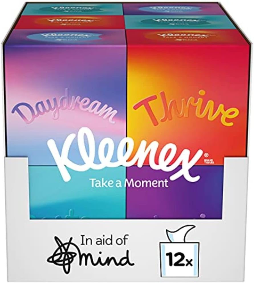 Kleenex Take a Moment Collection Tissues - 12 Cube Tissue Boxes - In Aid of Mind - Contains 4 Different Designs