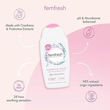 Femfresh Ultimate Care Soothing Wash - Intimate Daily Vaginal Feminine Hygiene Shower Gel Cleanser – Ph Balanced, Soap Free W.Hydrating Cranberry & Probiotics Extract, Long-Lasting Multiactif - 250 Ml