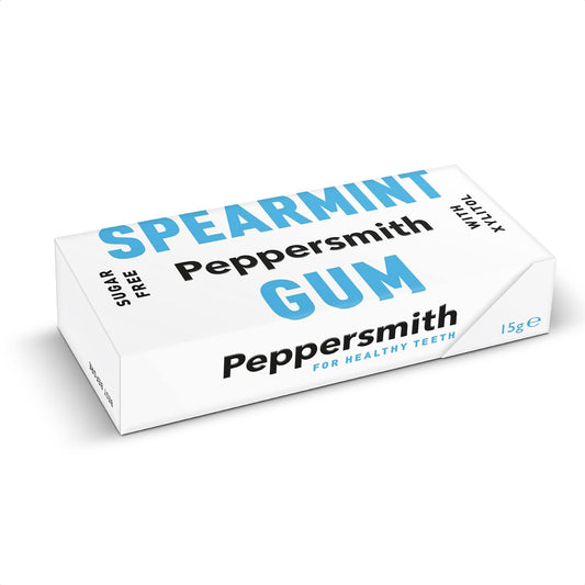 Peppersmith - Spearmint Gum - Xylitol Gum - Sugar Free Gum - 100% Plant Based Xylitol - Breath Freshener - Benefits Oral Health - Pocket Pack - 12x15g