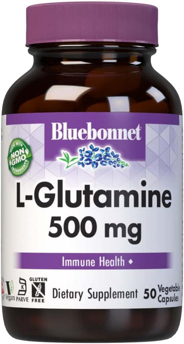 Bluebonnet Nutrition L-Glutamine 500Mg, Supports Immune Function, Nitrogen Transporter, Soy & Gluten-Free, Non-Gmo, Kosher Certified, Vegan, 50 Vegetable Capsules, White, 50 Count