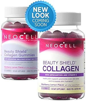 NeoCell Collagen Peptides, Vitamin C & Astaxanthin Gummies, Gluten Free, Reduces Signs of Aging, Beauty Shield, BlackBerry Lemon, 60 Gummies