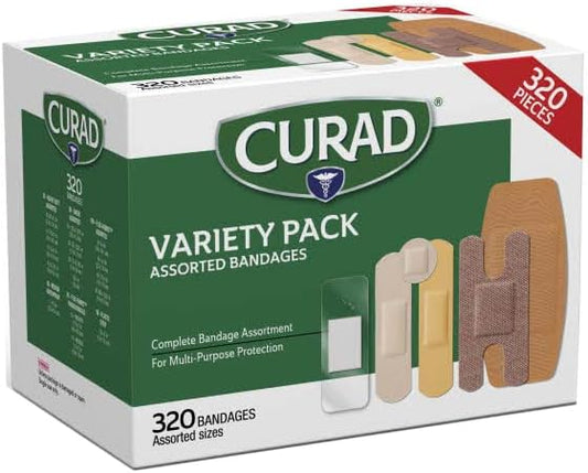 Curad Bulk Variety Pack Assorted Bandages, Flex-Fabric, Waterproof, Plastic, Knuckle, Heavy Duty Bandages (320Count)