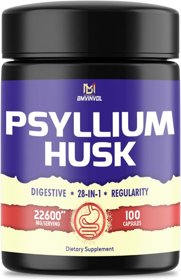 BMVINVOL 100 Capsules - Psyllium Husk Capsules 22600mg with Bladderwrack, Burdock, Ashwagandha & More - 28in1 Psyllium Supplement for Digestive Health & Weight Management