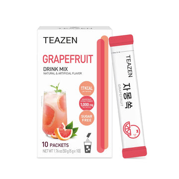 Teazen Grapefruit Tea, Sugar Free, Hibiscus And Green Tea, Powdered Mix Beverage From Korea, 10 Sticks, 1.76Oz