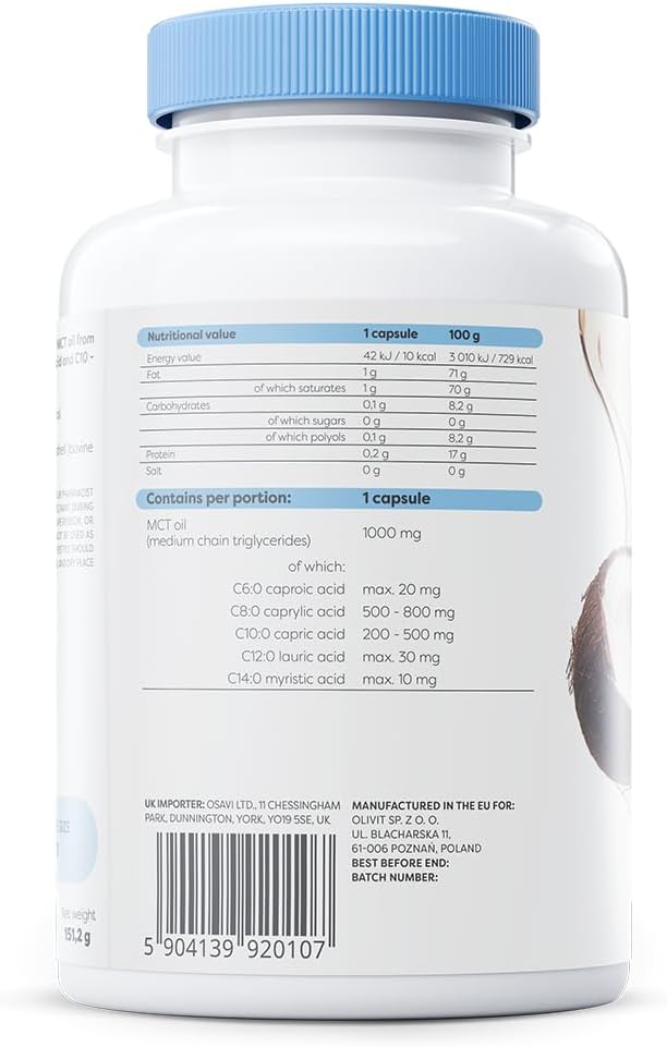Osavi MCT Oil 1000mg – 120 Softgels | High Concentration of Caprylic (C8) and Capric (C10) Acids | 100% Coconut Oil, Palm Oil Free | Eco–Friendly BioPET Packaging : Amazon.co.uk: Health & Personal Care