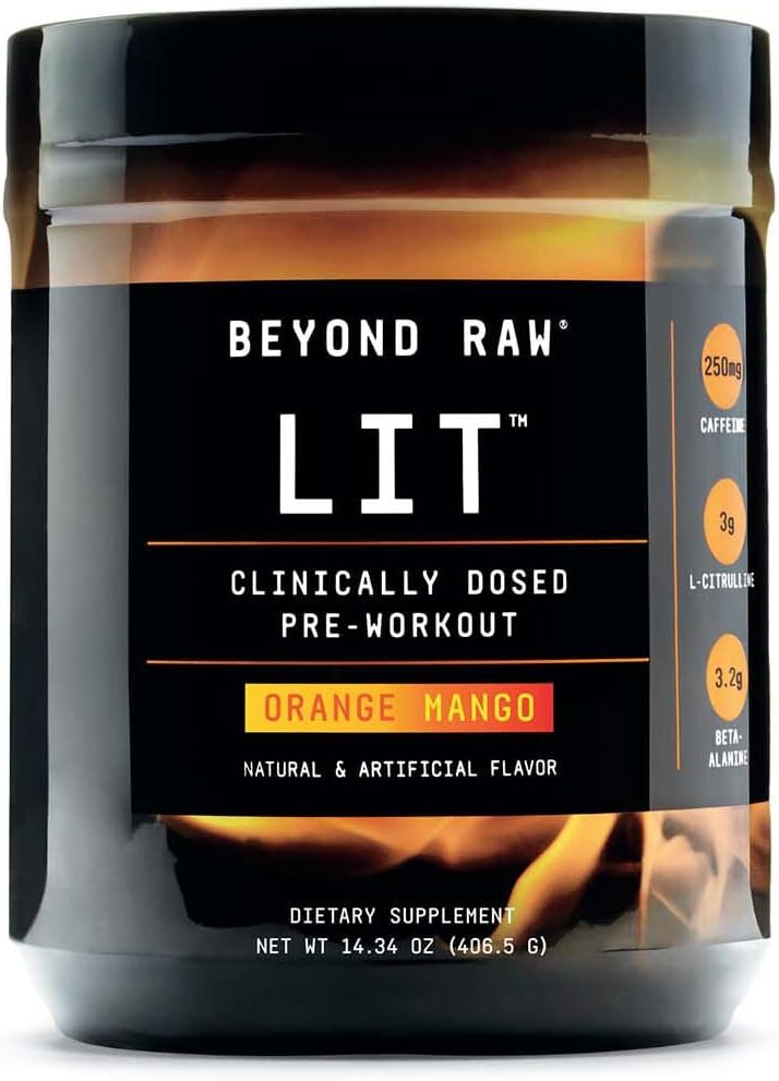 Beyond Raw Lit | Clinically Dosed Pre-Workout Powder | Contains Caffeine, L-Citrulline, Beta-Alanine, And Nitric Oxide | Orange Mango | 30 Servings