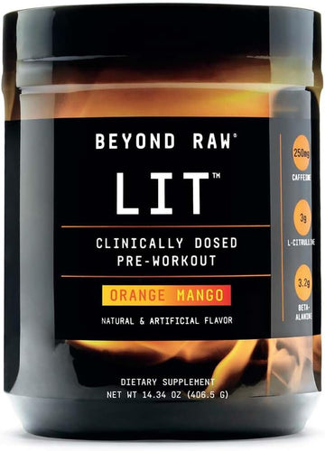 Beyond Raw Lit | Clinically Dosed Pre-Workout Powder | Contains Caffeine, L-Citrulline, Beta-Alanine, And Nitric Oxide | Orange Mango | 30 Servings