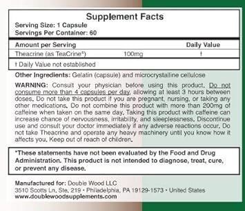 Theacrine (Teacrine) 100 Mg, 60 Capsules - Energy and Focus Supplement (Similar to Caffeine Pills but More Subtle and Longer Lasting) Non-GMO and Gluten Free by Double Wood : Health & Household