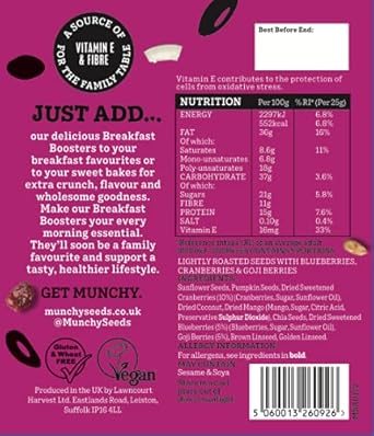 Munchy Seeds Breakfast Booster Super Berry 125G Breakfast Topper With Goji, Chia, Cranberry, Sunflower Seeds & Pumpkin Seeds. Sprinkle On Porridge, Fruit, Yoghurt Or Smoothie Vegan, Fibre Vitamin E