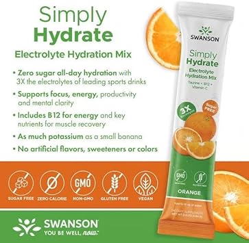 Swanson Simply Hydrate Electrolyte Mix - Sugar-Free Orange Flavor - 30 Packets | Advanced Electrolyte Blend | Convenient On-The-Go Solution