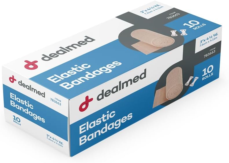 Dealmed 3" Elastic Bandage Wrap With Clip Closure – 10 Elastic Bandages, 4.5 Yards Stretched Compression Bandage Wrap, Wound Care Product For First Aid Kit And Medical Facilities