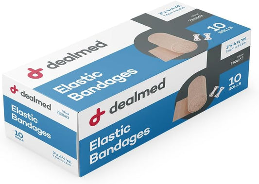 Dealmed 3" Elastic Bandage Wrap With Clip Closure – 50 Elastic Bandages, 4.5 Yards Stretched Compression Bandage Wrap, Wound Care Product For First Aid Kit And Medical Facilities