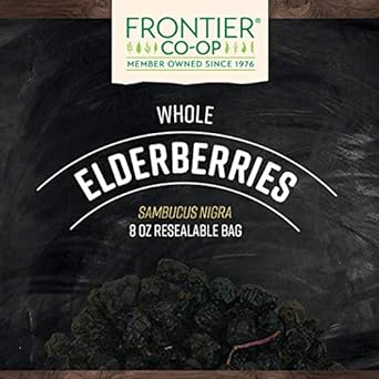 Frontier Co-op Dried Elderberries, 8oz Bag, European Whole, Kosher, Non-GMO | Elderberry Dried Fruit for Immune Support, Powder, Tea, Syrup, Gummies