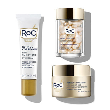 Roc Retinol Correxion Line Smoothing Eye Cream + Retinol Serum Capsules For Night + Max Hydration Crème With Hyaluronic Acid For Day, Skin Care Routine For Women And Men