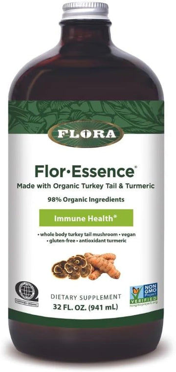 Flora Health Flor-Essence With Turkey Tail & Turmeric, Rich In Polysaccharides, 35+ Phenolic Compounds With Antioxidants And Immunity Support, 32-Fl. Oz. Glass Bottle