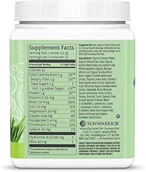 Sunwarrior Vegan Beauty Greens Drink Plant-Based | Hyaluronic Acid Minerals Biotin Probiotics Non-GMO Soy Free Sugar Free Dairy Free Gluten Free | Unflavored 25 Servings : Health & Household