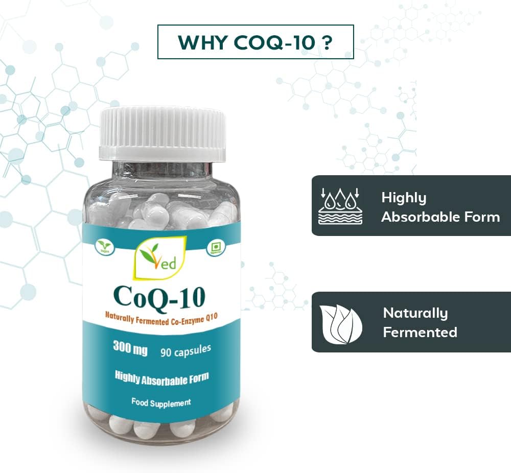 Ved's Co Enzyme Q10 Best High Absorption CoQ10 Capsule, Vegetarian, Gluten Free, Dietary Supplement, 300 mg 90 Veggie Vegan Capsules : Amazon.co.uk: Health & Personal Care