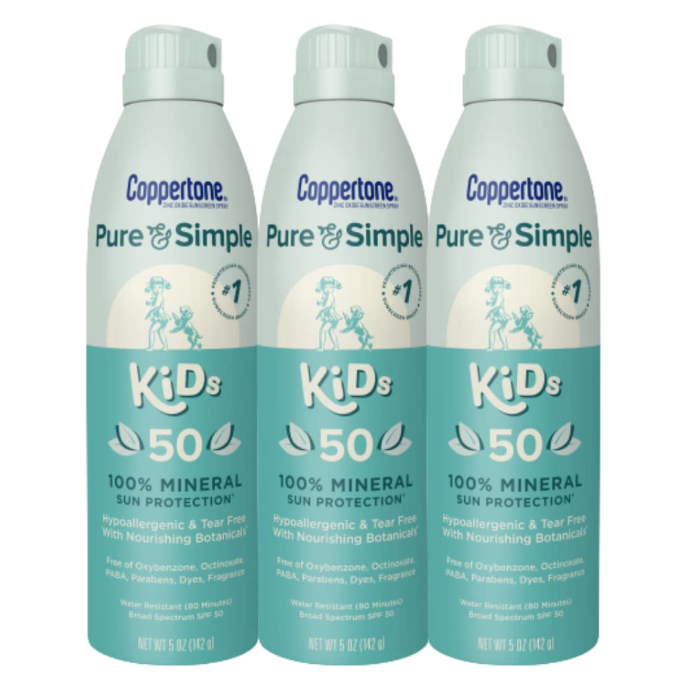 Coppertone Pure and Simple Kids Spray Sunscreen, SPF 50 Broad Spectrum Sunscreen for Kids, 5 Oz, Pack of 3