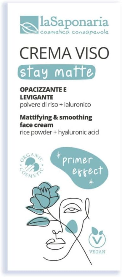 La Saponaria Stay Matte Face Cream, Hyaluronic Acid, Primer, Anti-Shine/Matt, Enlarged Pores, Anti-Ageing, Vitamin E, Moisturiser, Natural, Vegan, Cruelty-Free, Sustainable Packaging, Organic, 50Ml