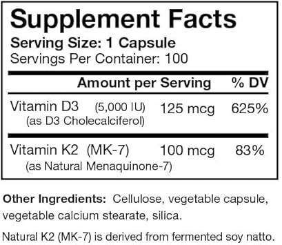 Vitamin D3 5000I Plus 100 Mcg Natural K2 (Mk-7) - Immune Regulation & Support Supplement - Supports Healthy Immune Function, Bone & Teeth Mineralization, & Heart Health -100 Capsules