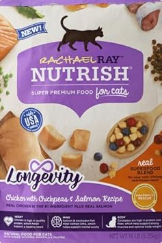 Rachael Ray Nutrish Longevity Premium Natural Dry Cat Food With Added Vitamins, Minerals & Other Nutrients, Chicken With Chickpeas & Salmon Recipe, 14 Pounds