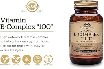 Solgar B-Complex "100", 100 Vegetable Capsules - Heart Health - Nervous System Support - Supports Energy Metabolism - Non Gmo, Vegan, Gluten/ Dairy Free, Kosher, Halal - 100 Servings